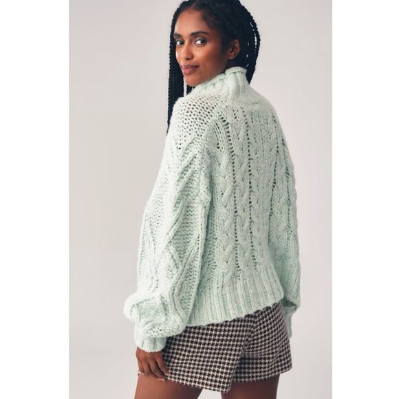 NEW By Anthropologie Fisherman Sweater Mint Size S Chunky Cable Knit Mock $168 - Picture 4 of 16